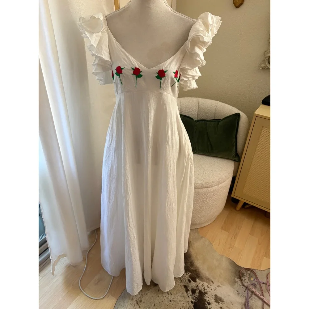 FANM MON‎ White Demre Maxi Dress embroidered roses Size Small